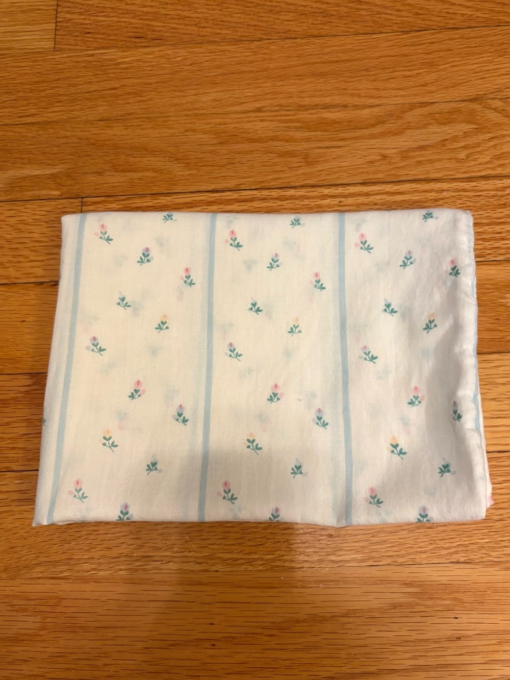 Floral Stripe Cotton Pillowcase - White with Blue and Pink Accents